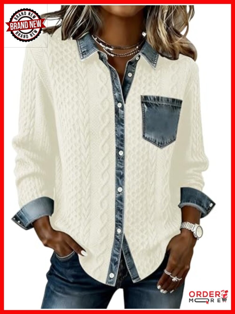 Women's Cable Knit Denim Patchwork Shacket Loose Fit Fall Jacket